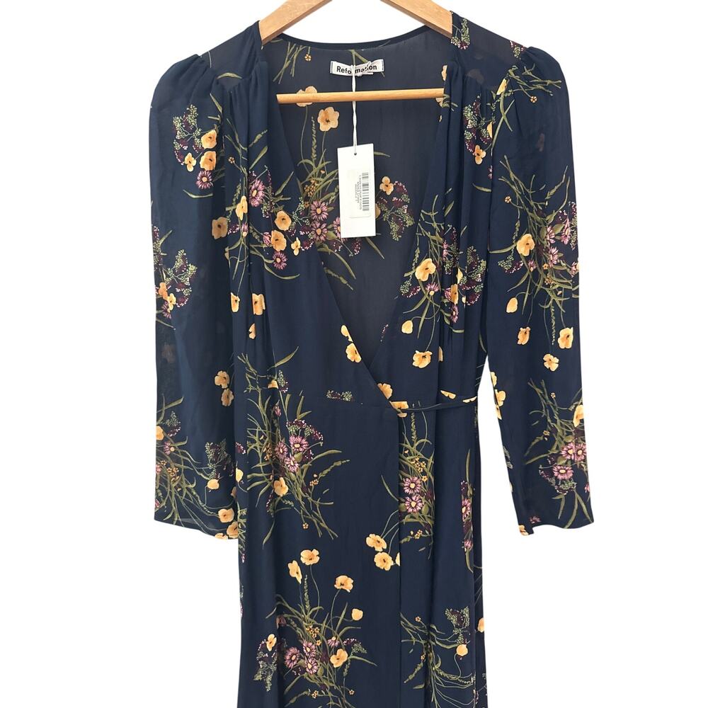 REFORMATION Melba Floral Wrap Midi Dress in Mademoiselle Navy Blue Size Small - Picture 10 of 10